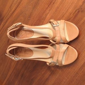 Cole Haan High Heels with Gold Buckle Strap, Tan, Size 7